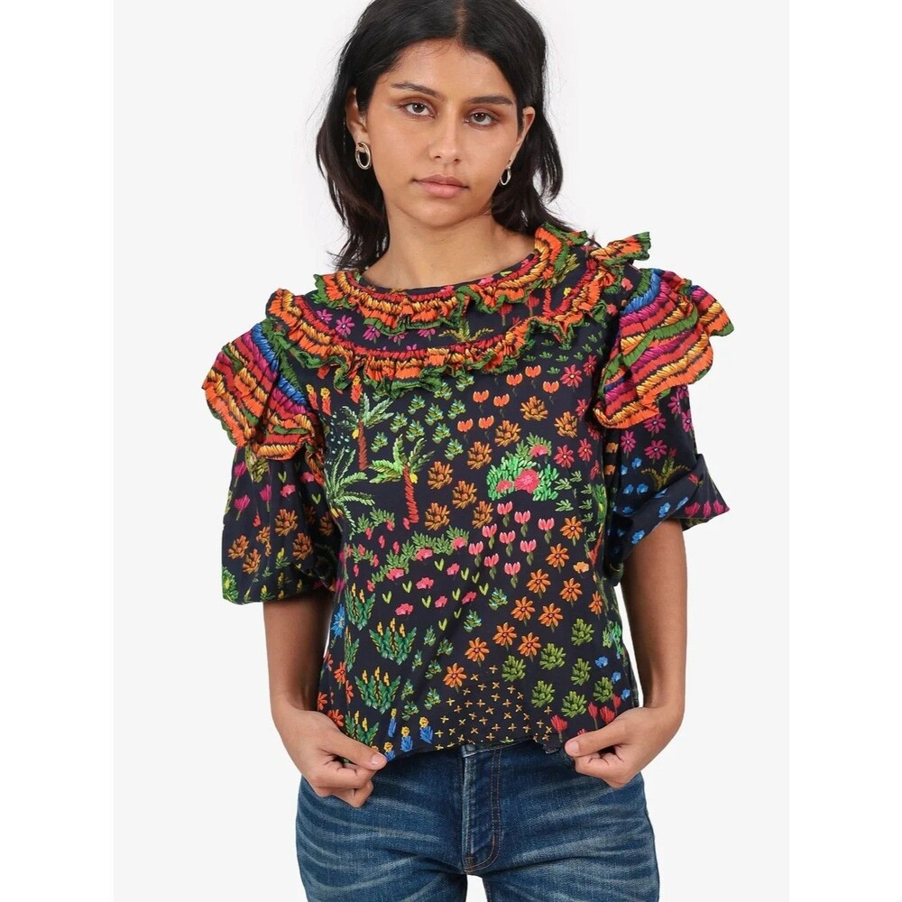 Farm Rio Women’s Fruit Garden Ruffle Blouse M NWOT